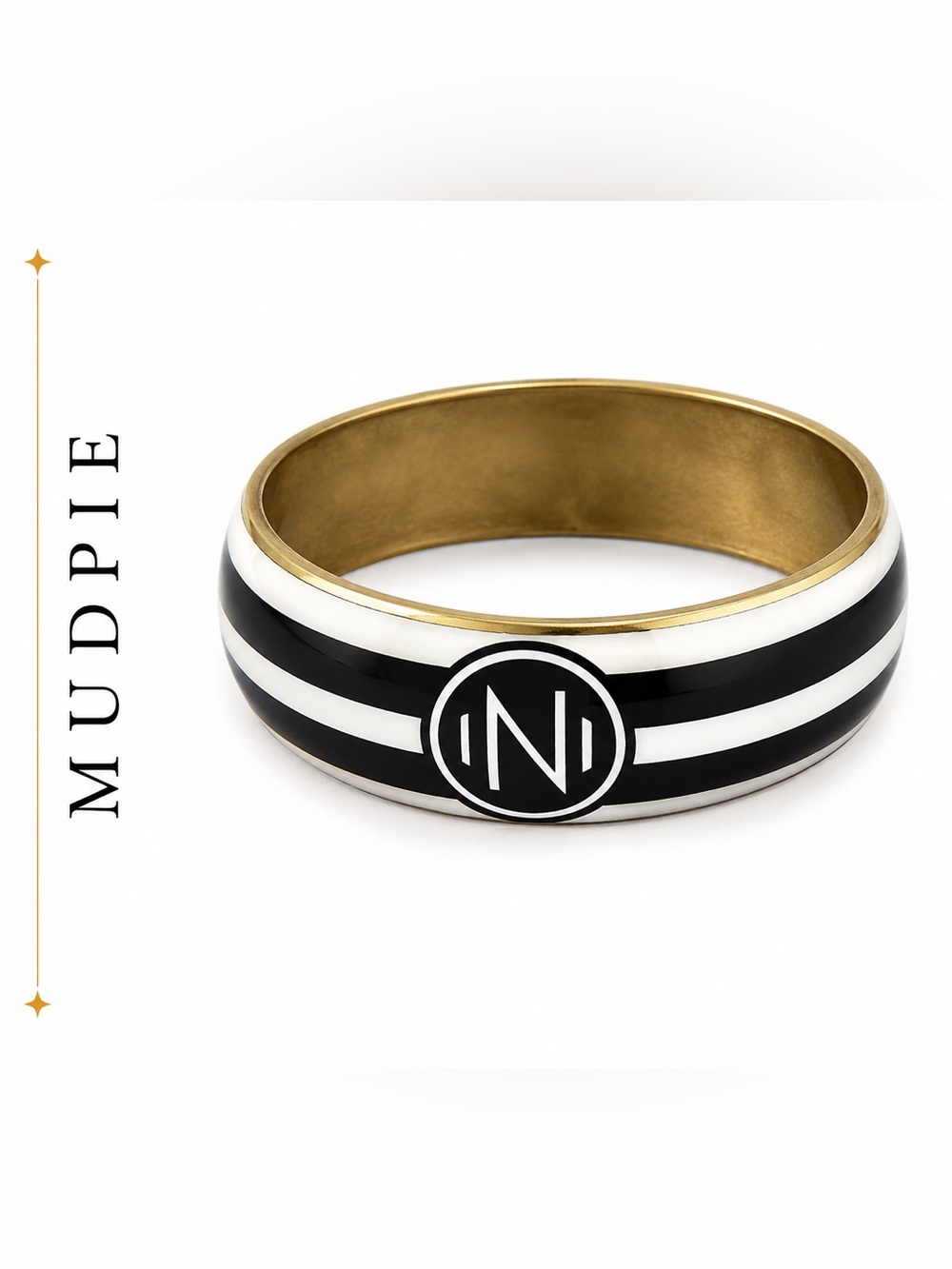 Mud Pie Monogram N Bangle Bracelet Black White Enamel Initial Bracelet